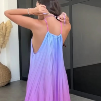 Sexy Halter Neck Rainbow Pleated Dress - Thumbnail 2