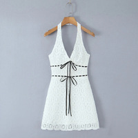 Sexy Fresh Lace Embroidery Contrast Color Lace-up Halter Dress - Thumbnail 2