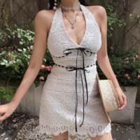Sexy Fresh Lace Embroidery Contrast Color Lace-up Halter Dress - Thumbnail 4