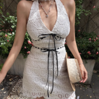 Sexy Fresh Lace Embroidery Contrast Color Lace-up Halter Dress - Thumbnail 6