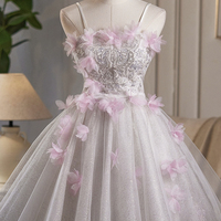 White Tulle and Pink Fowers Short A-Line Prom Party Dress - Thumbnail 1