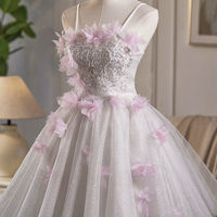 White Tulle and Pink Fowers Short A-Line Prom Party Dress - Thumbnail 2
