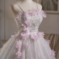 White Tulle and Pink Fowers Short A-Line Prom Party Dress - Thumbnail 3