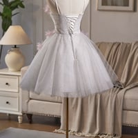 White Tulle and Pink Fowers Short A-Line Prom Party Dress - Thumbnail 5