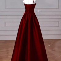 Simple A line Straps Satin Burgundy Prom Dresses - Thumbnail 1