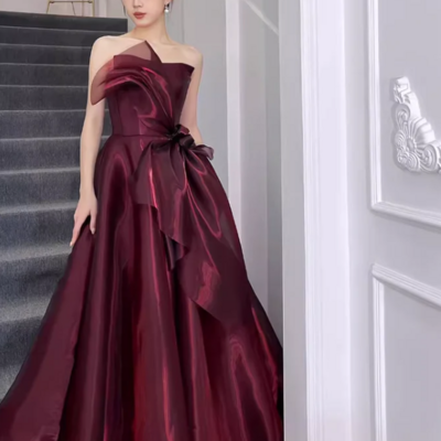 Strapless burgundy organza prom evening dresses