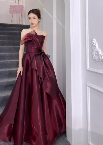 Strapless Burgundy Organza Prom Evening Dresses