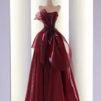 Strapless Burgundy Organza Prom Evening Dresses - Thumbnail 1