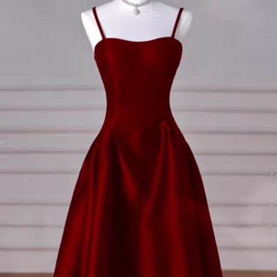 Simple a line straps satin burgundy prom dresses