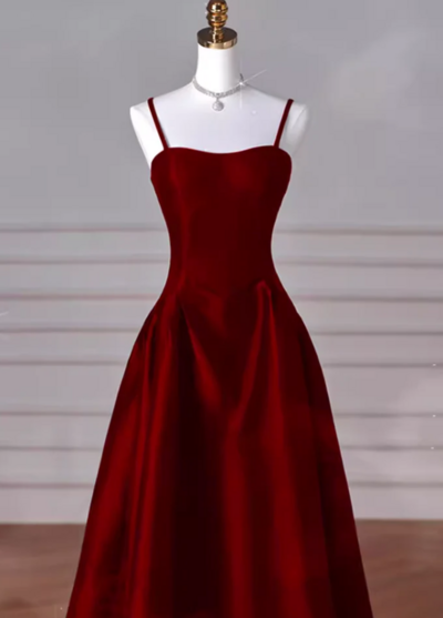 Simple A line Straps Satin Burgundy Prom Dresses