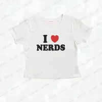 High Street Y2K Style I Love Nerds Print T-shirt Women Harajuku Short sleeved Tops US Street Sexy Crop Tops Slim Emo Baby Tees - Thumbnail 1