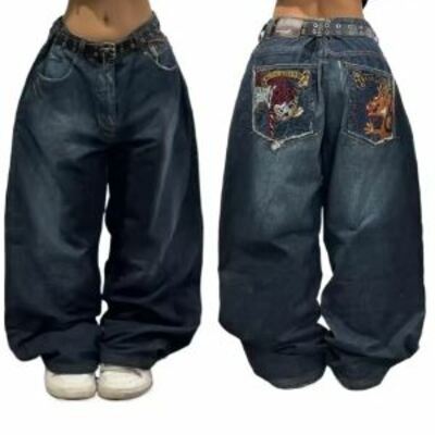 2025 new american trend retro hip-hop embroidery pattern baggy jeans for men and women y2k harajuku gothic wide pants streetwear