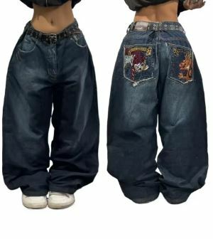 2025 New American Trend Retro Hip-hop Embroidery Pattern Baggy Jeans For Men And Women Y2K Harajuku Gothic Wide Pants Streetwear