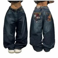 2025 New American Trend Retro Hip-hop Embroidery Pattern Baggy Jeans For Men And Women Y2K Harajuku Gothic Wide Pants Streetwear - Thumbnail 1