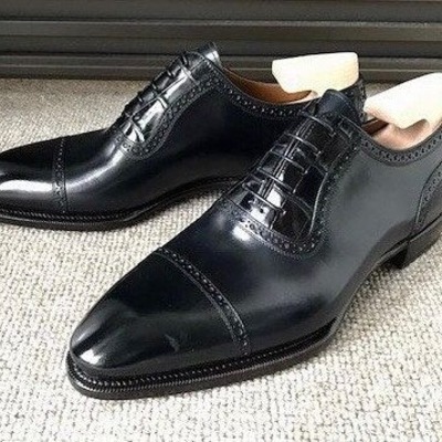 Handmade men black calf crocodile/alligator leather oxford dress shoes - Thumbnail 3