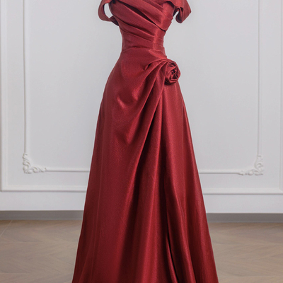 Burgundy satin long prom dress, off the shoulder a-line party dress - Thumbnail 1