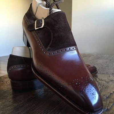 Handmade men burgundy suede leather monk strap dress shoes - Thumbnail 4