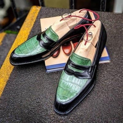 Handmade Men Black Calf Green Crocodile Leather Moccasin Loafers Dress Shoes