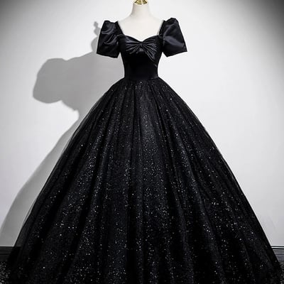 Black satin and glitter tulle long a-line prom party dress - Thumbnail 1