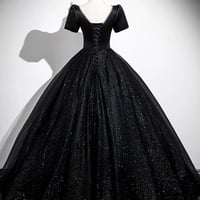 Black Satin and Glitter Tulle Long A-Line Prom Party Dress - Thumbnail 3