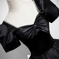 Black Satin and Glitter Tulle Long A-Line Prom Party Dress - Thumbnail 4