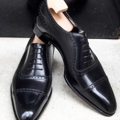 Handmade men black calf  leather oxford lace up dress shoes - Thumbnail 3