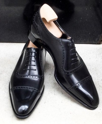 Handmade Men Black Calf  Leather Oxford Lace up Dress Shoes