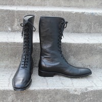 Handmade Men Black Leather  Military Ankle Cowboy Long Boot - Thumbnail 2