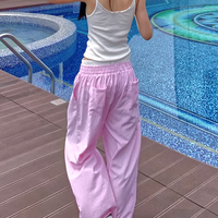 Fake Two Pieces Pink Stripe Pant Women Summer Thin Lazy Loose Wide Leg Sweatpants Korean Harajuku Loose Straight Trousers Female - Thumbnail 2