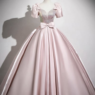 Pink satin sequins long prom party dress - Thumbnail 1