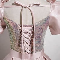 Pink Satin Sequins Long Prom Party Dress - Thumbnail 3