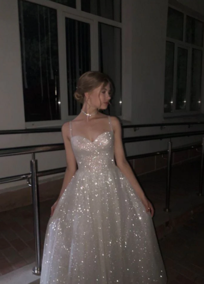 A Line Spaghetti Straps Silver Sequin Prom Dresses