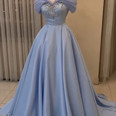 Pretty off the shoulder ball gown blue long evening dress with beads
