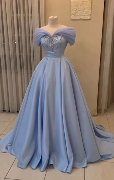 Pretty Off The Shoulder Ball Gown Blue Long Evening Dress With Beads
