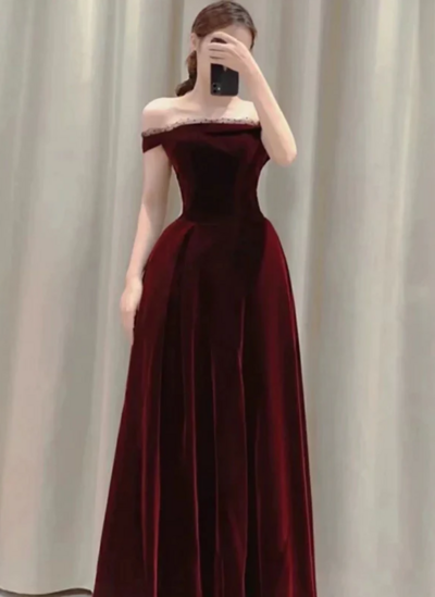 Elegant Off The Shoulder Burgundy Velvet Prom Dresses