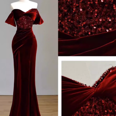 Mermaid burgundy off the shoulder velvet prom dresses