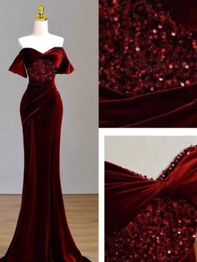 Mermaid Burgundy Off The Shoulder Velvet Prom Dresses