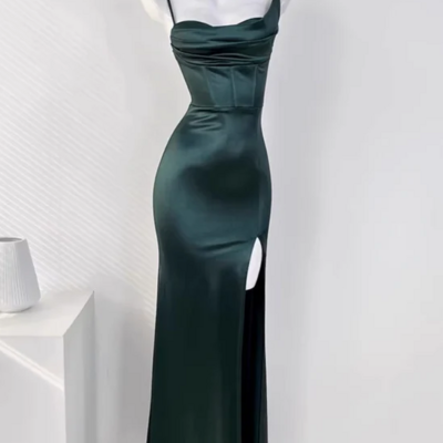 Sexy sleeveless green satin long prom dresses