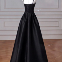 Elegant Black A-Line Satin Long Prom Dress  - Thumbnail 1