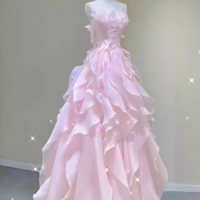 A Line Sleeveless Pink Long Floral Prom Dresses - Thumbnail 1