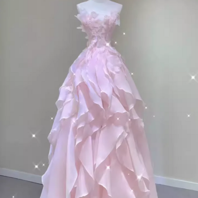 A line sleeveless pink long floral prom dresses