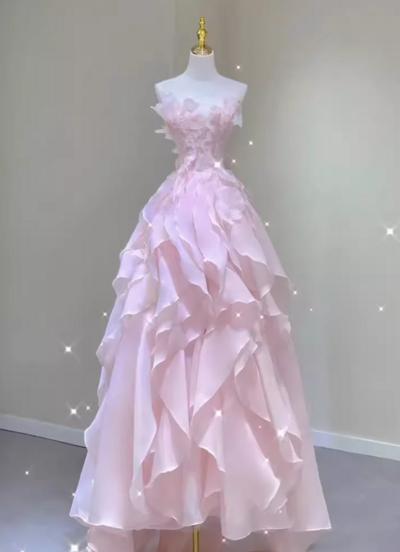 A Line Sleeveless Pink Long Floral Prom Dresses