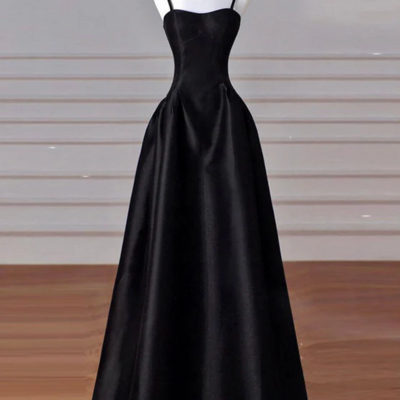 Elegant black a-line satin long prom dress 