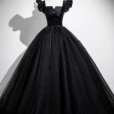 Black satin tulle long a-line prom party dress - Thumbnail 1