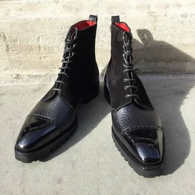 Handmade men black grain suede leather  military ankle high boot