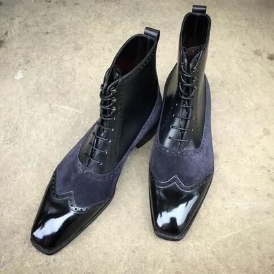 Handmade men black calf blue suede leather ankle high lace up wingtip dress boot