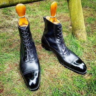 Handmade men black calf leather  ankle high boot
