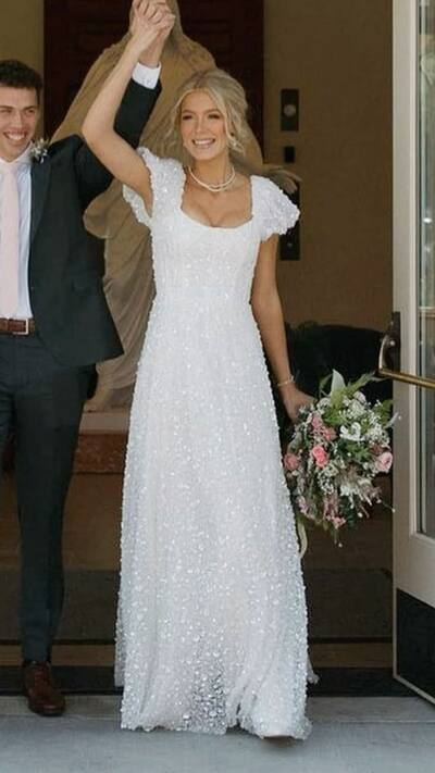 Sparkle A Line Sequins Lace Sleeveless Beach Boho Wedding Dress Bridal Gown Wedding Gown
