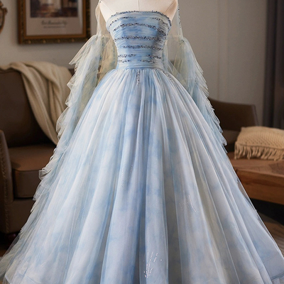 Blue tulle printed pattern long prom party dress with cape - Thumbnail 1