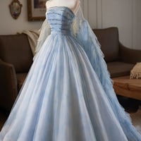 Blue Tulle Printed Pattern Long Prom Party Dress with Cape - Thumbnail 1